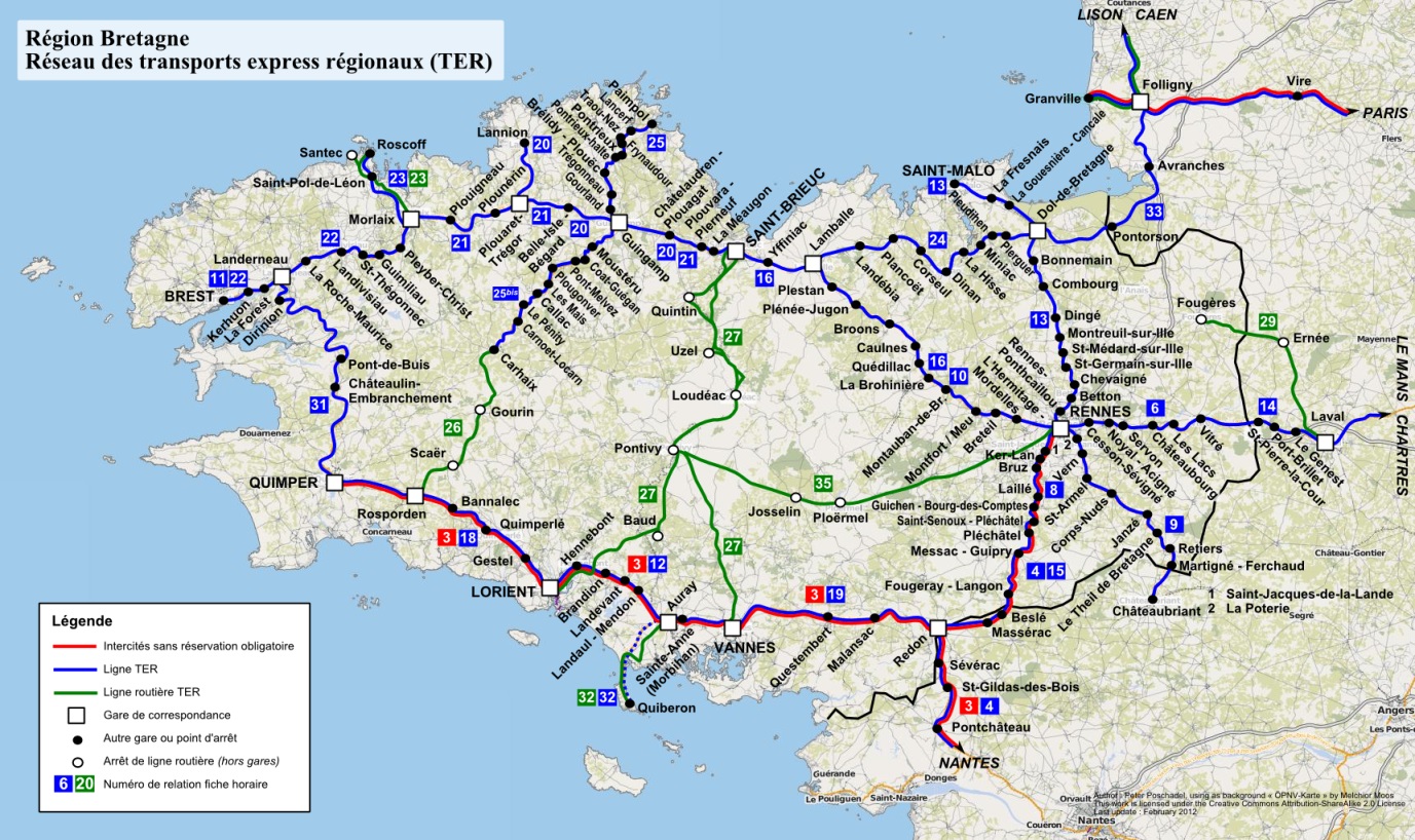 Région Bretagne, réseau des transports express régionaux (TER). P.poschadel, sur fond de carte « ÖPNV-Karte » par Melchior Moos sous licence cc-by-sa-2.0. Travail personnel. Wikimédia.