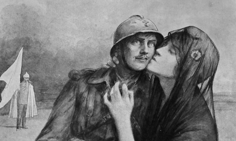 Marianne embrassant le poilu victorieux. Cliché publié dans L’Illustration. Collection M. Pagès.